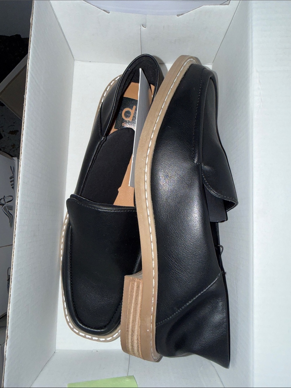 DV by Dolce Vita Black Faux Leather Slip-On Loafers with Tan Sole - Picture 2 of 3